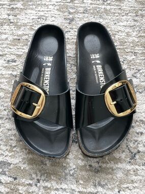 Birkenstock Madrid Big Buckle Black Gold High Shine Size 38